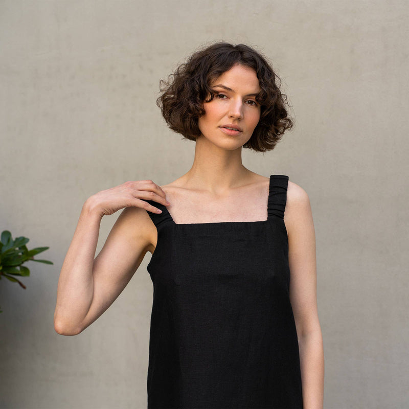 menique - Linen Maxi Pinafore Open Back Dress Fiona