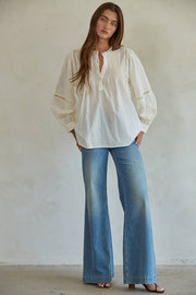 By Together - L7592 | Woven Cotton Long Sleeve Button Up Round Neck Top - Home & Well