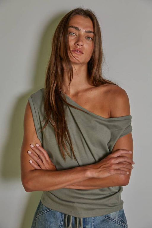 By Together - RJ2606 | Knit Rib One Shoulder Round Neck Sleeveless Top - Home & Well 