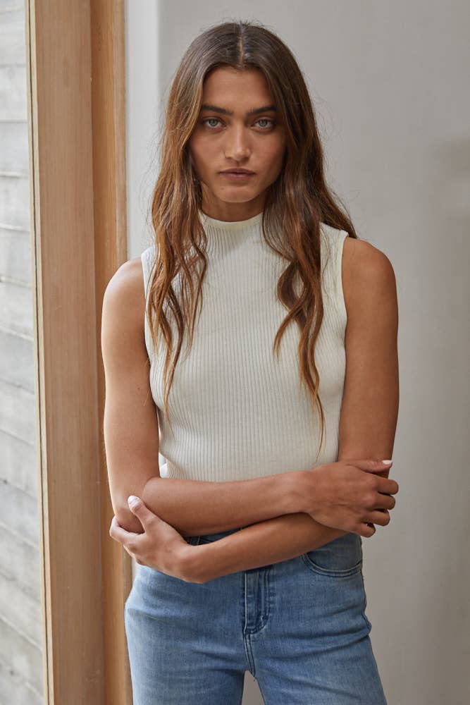 By Together - W1254 | Knit Ribbed Mock Neck Sleeveless Fitted Sweater Top - Home & Well