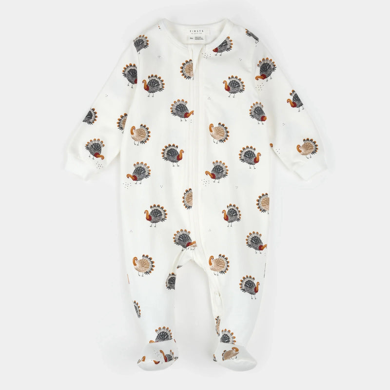 Footed Sleeper | Turkey Print on Off-White | Petit Lem