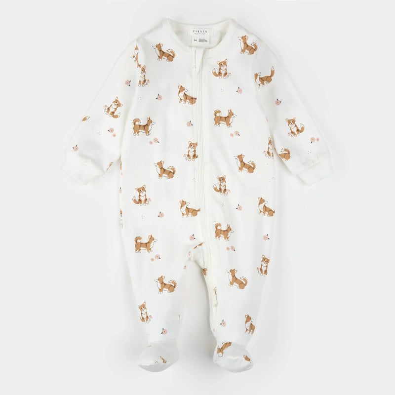Footed Sleeper | Corgi Print on Off-White | Petit Lem
