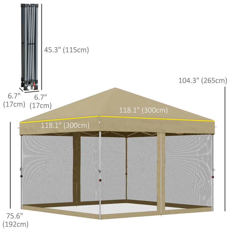 Outsunny 10' x 10' Pop-Up Party Tent Outdoor Canopy Tent with Mesh Sidewalls, 3-Level Adjustable Height, Roller Bag, Khaki