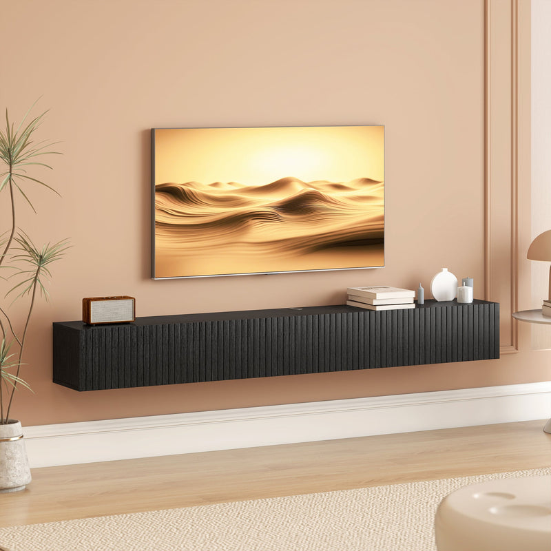 Jesse 71" Floating TV Stand with 2 Fluted Flip-Down Doors for TVs up to 75"-Black