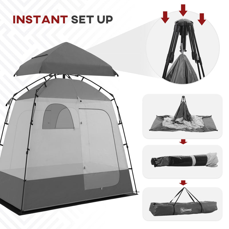 Outsunny Outdoor Portable Pop Up Shower Tent Changing Tent Privacy Enclosure with 2 Rooms, Shower Bag, Floor for Camping, Dark Grey