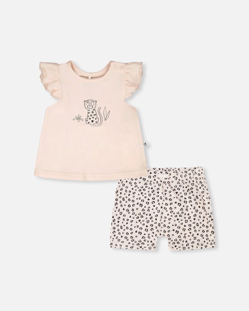 Organic Cotton Jersey Top And Short Set Peach And Peach Animal Print