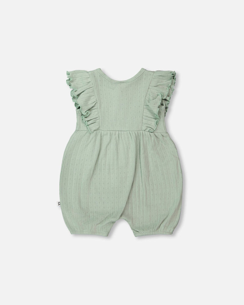 Cotton Pointelle Jersey Romper With Frills Green