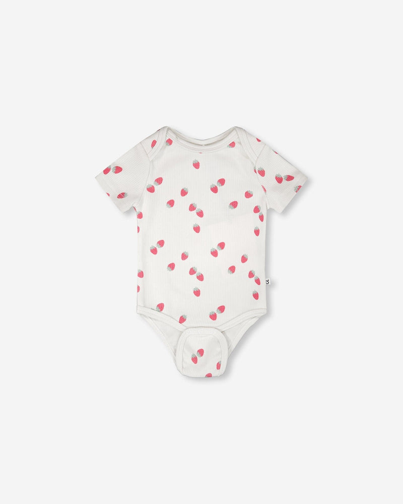 Evolutive Cotton Rib Jersey Onesie White Printed Strawberries