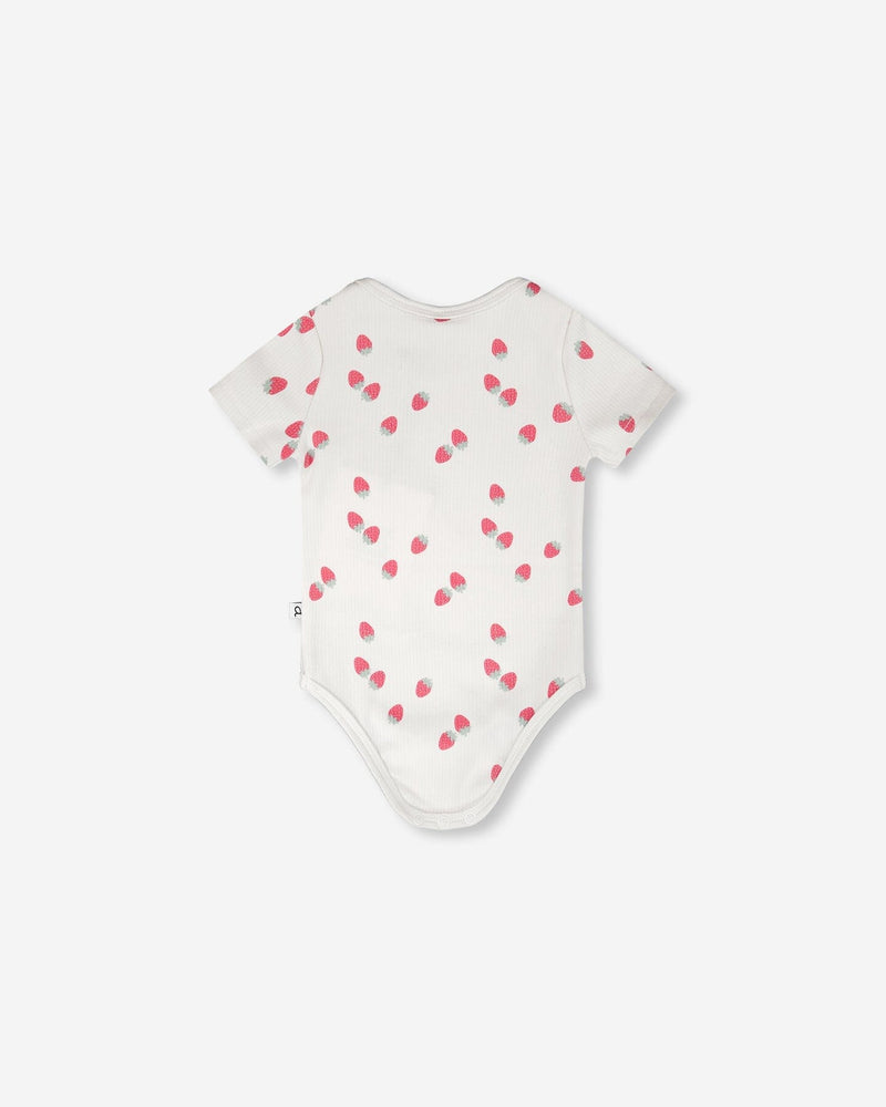 Evolutive Cotton Rib Jersey Onesie White Printed Strawberries