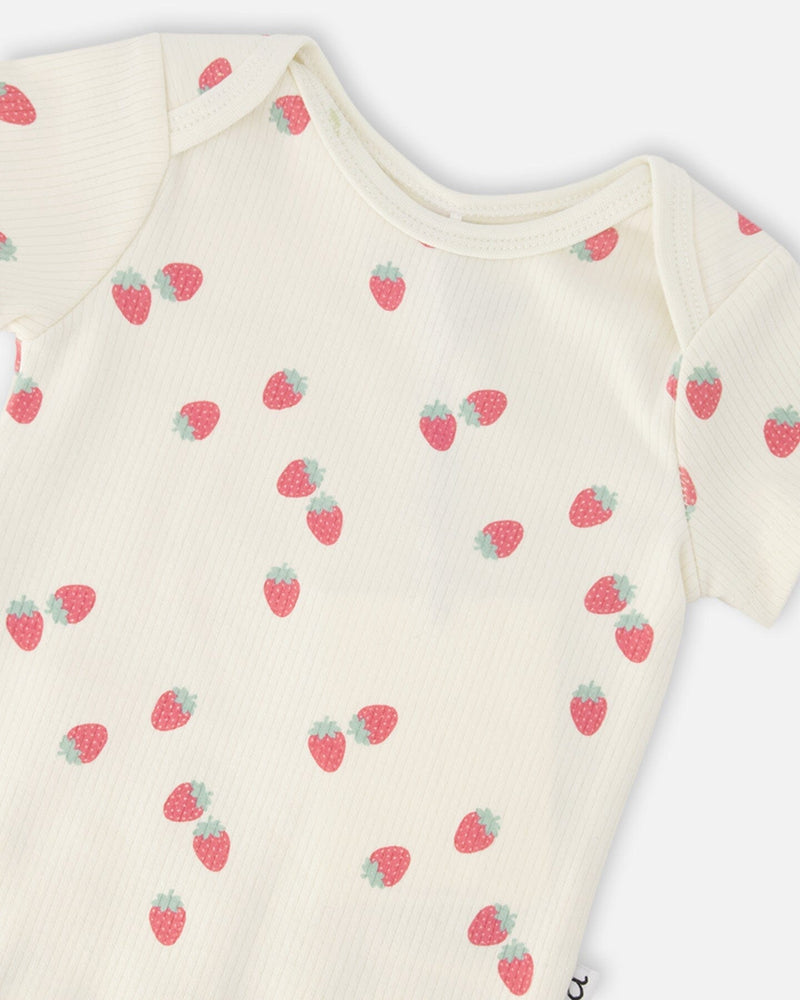 Evolutive Cotton Rib Jersey Onesie White Printed Strawberries