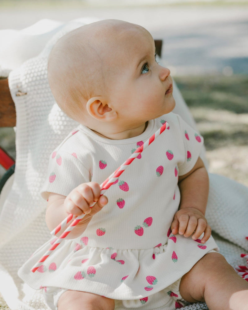 Cotton Rib Jersey Top And Short Set White Printed Strawberries