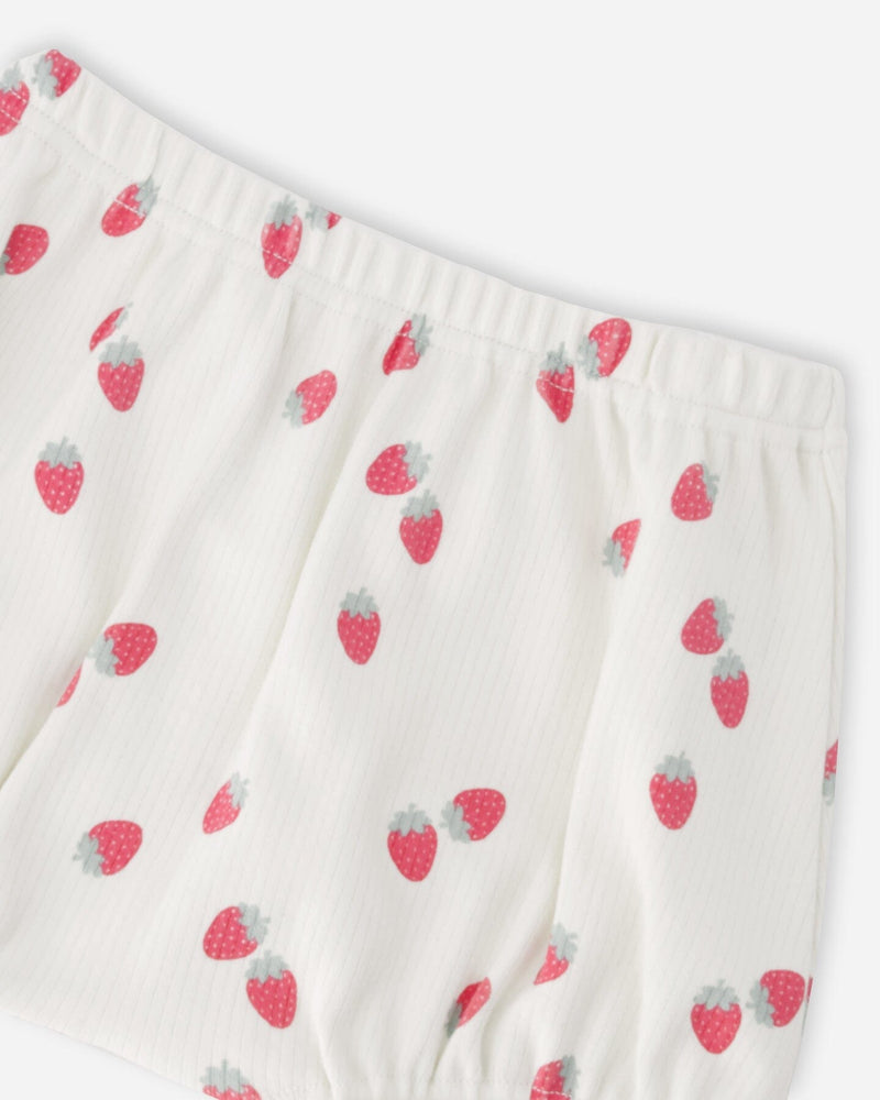 Cotton Rib Jersey Top And Short Set White Printed Strawberries