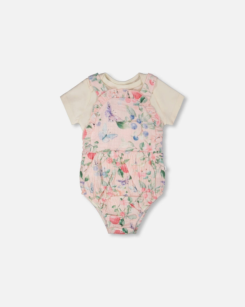 Organic Cotton Jersey Onesie And Muslin Overall Set White And Pink Printed Berries