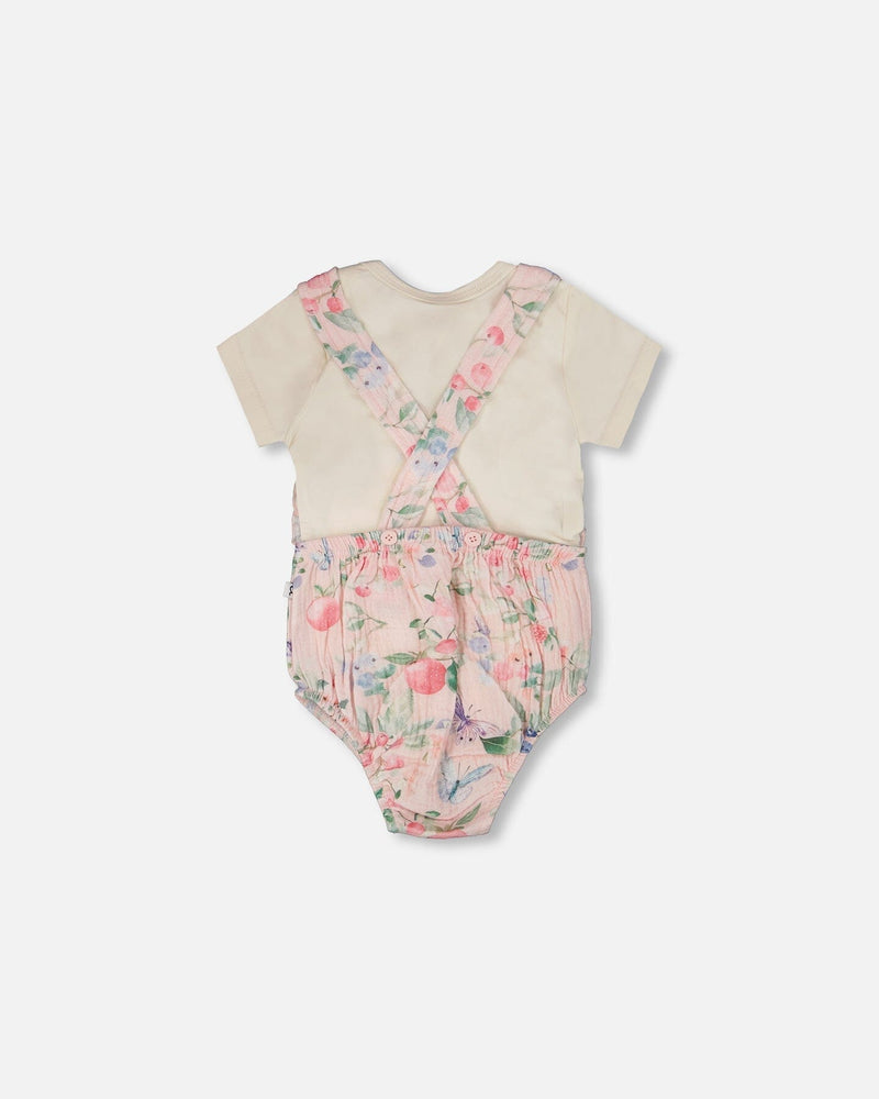 Organic Cotton Jersey Onesie And Muslin Overall Set White And Pink Printed Berries