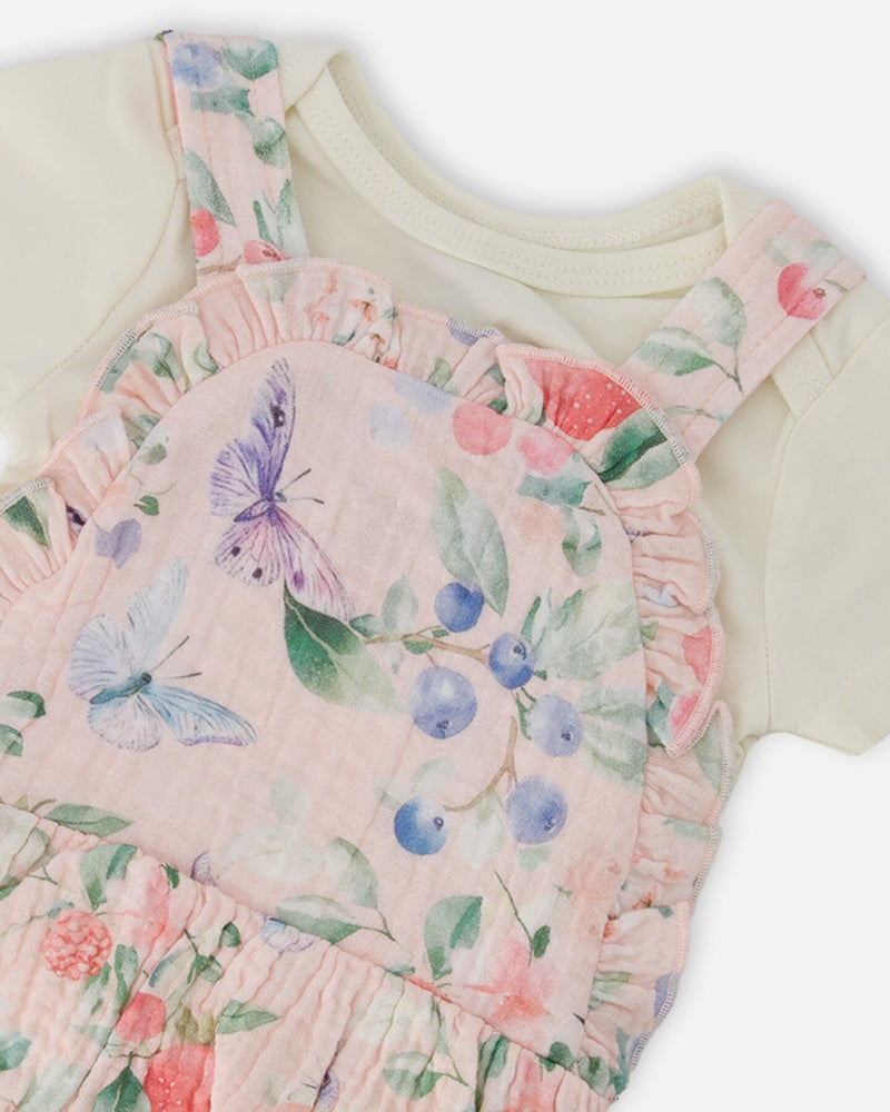 Organic Cotton Jersey Onesie And Muslin Overall Set White And Pink Printed Berries