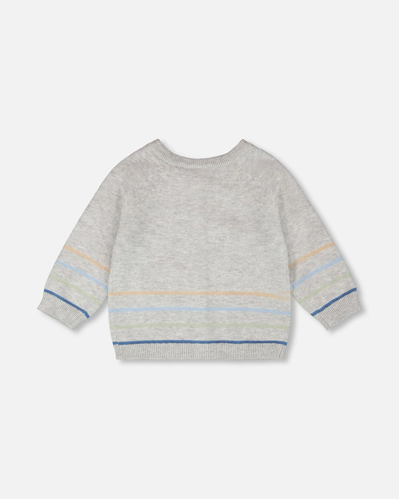 Cotton Knit Striped Button Front Cardigan Light Heather Grey