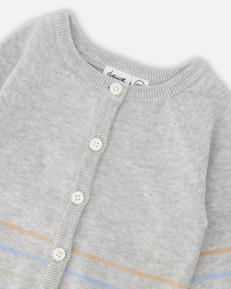 Cotton Knit Striped Button Front Cardigan Light Heather Grey