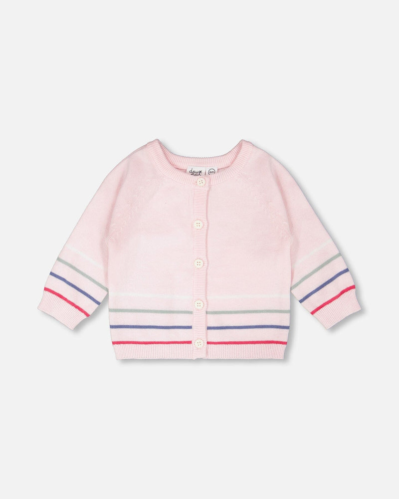 Cotton Knit Striped Button Front Cardigan Light Pink