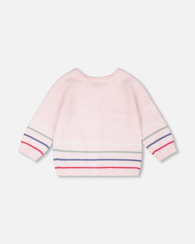 Cotton Knit Striped Button Front Cardigan Light Pink
