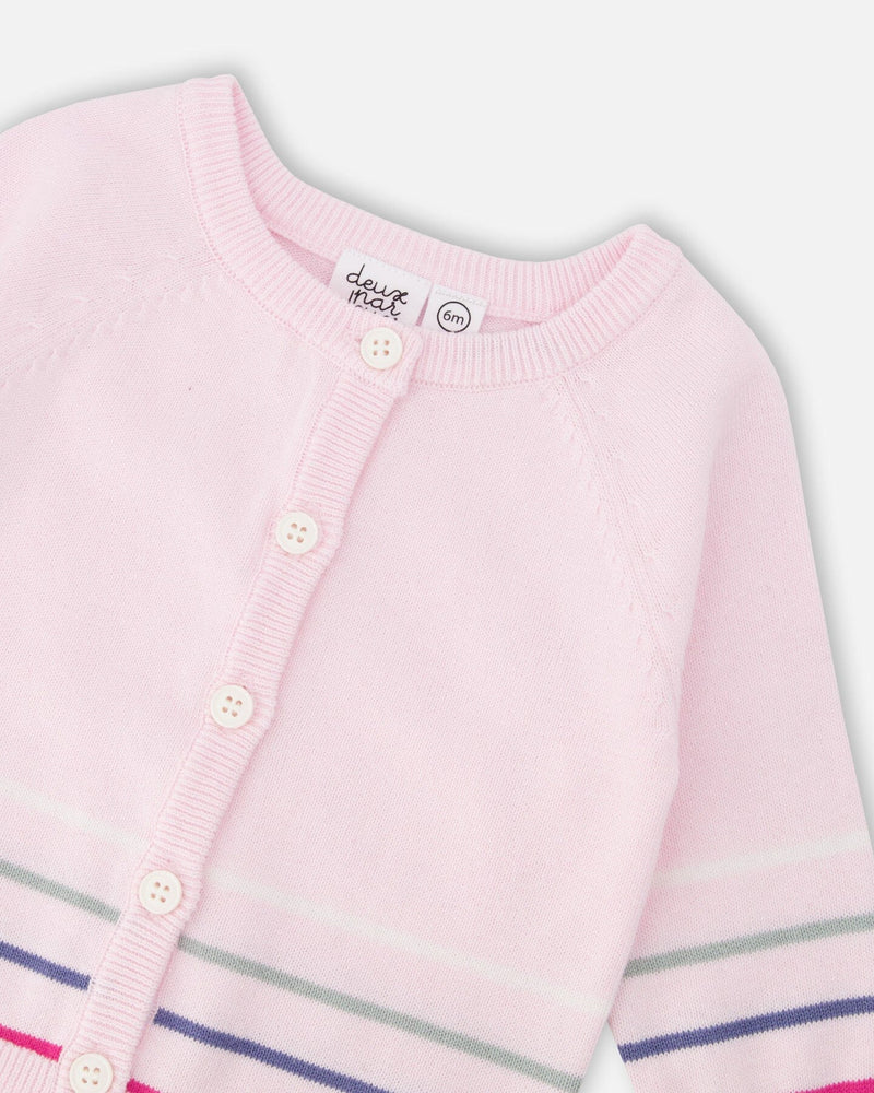 Cotton Knit Striped Button Front Cardigan Light Pink