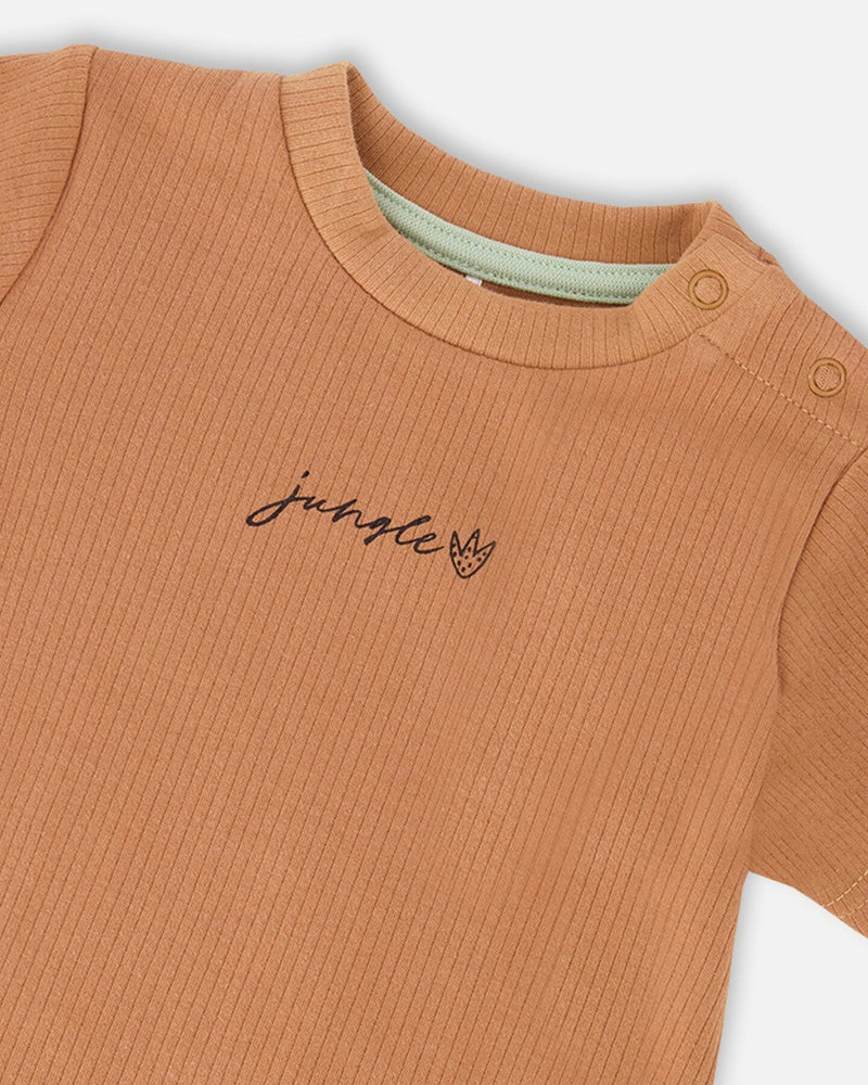 Cotton Rib Jersey T-Shirt And Organic Cotton Jersey Short Set Caramel And Beige Zebra Print