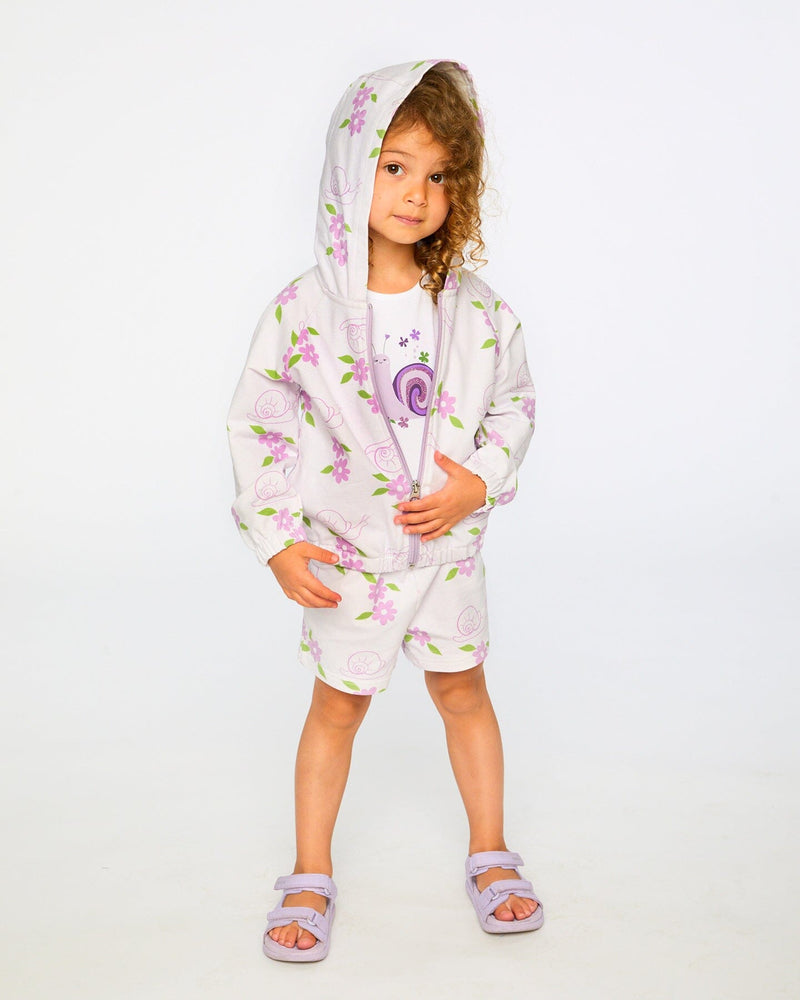 French Terry Hooded Cardigan Lilac Snails Print