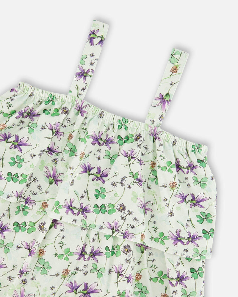 Jersey Romper With Tiers Green Printed Flowers