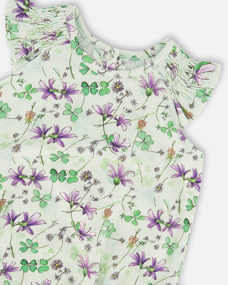 Jersey Romper Green Printed Flowers