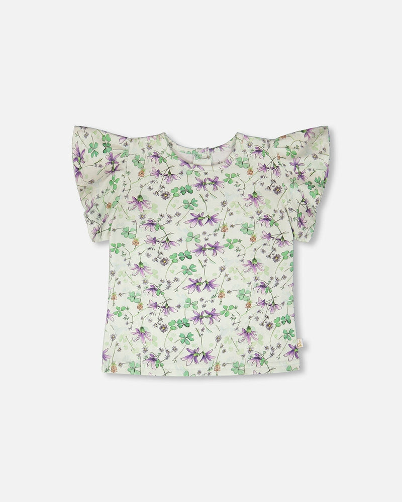 Jersey T-Shirt Green Printed Flowers