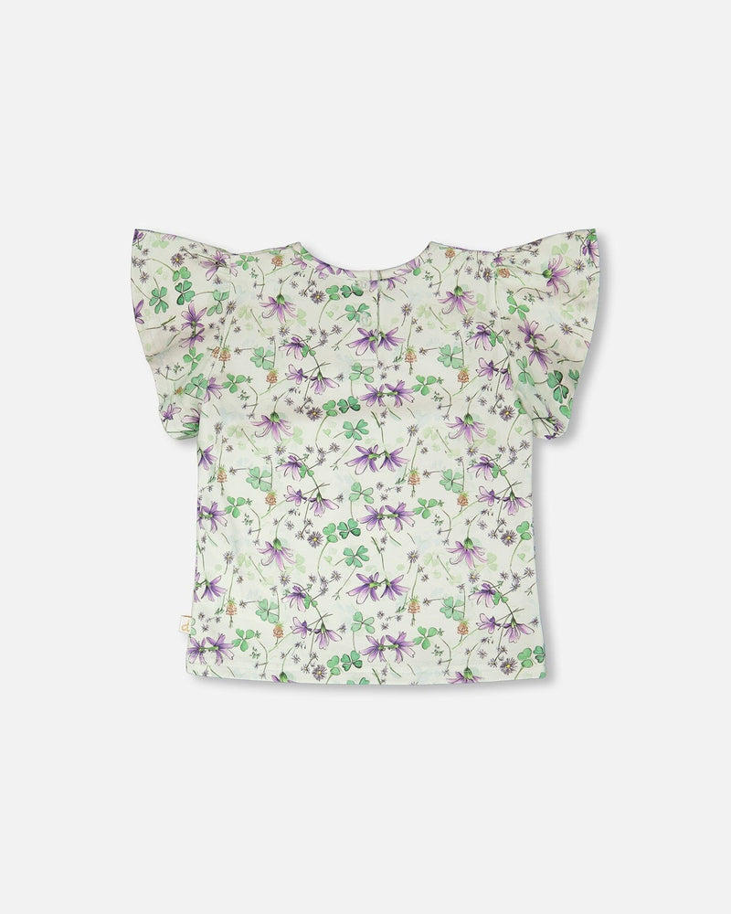 Jersey T-Shirt Green Printed Flowers