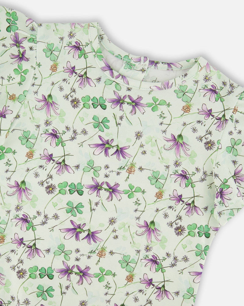 Jersey T-Shirt Green Printed Flowers