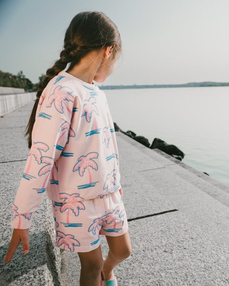 French Terry Shorts Light Pink Palm Print