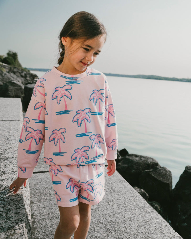 French Terry Sweatshirt Light Pink Palm Print