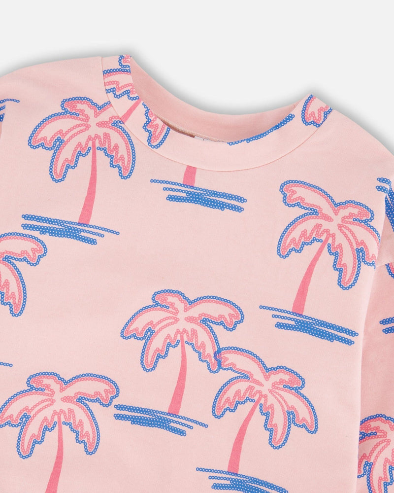 French Terry Sweatshirt Light Pink Palm Print