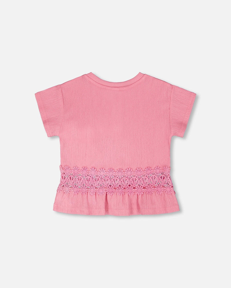 Crinkle Jersey Long T-Shirt With Crochet Insert Pink