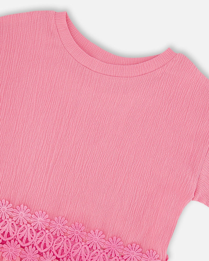 Crinkle Jersey Long T-Shirt With Crochet Insert Pink