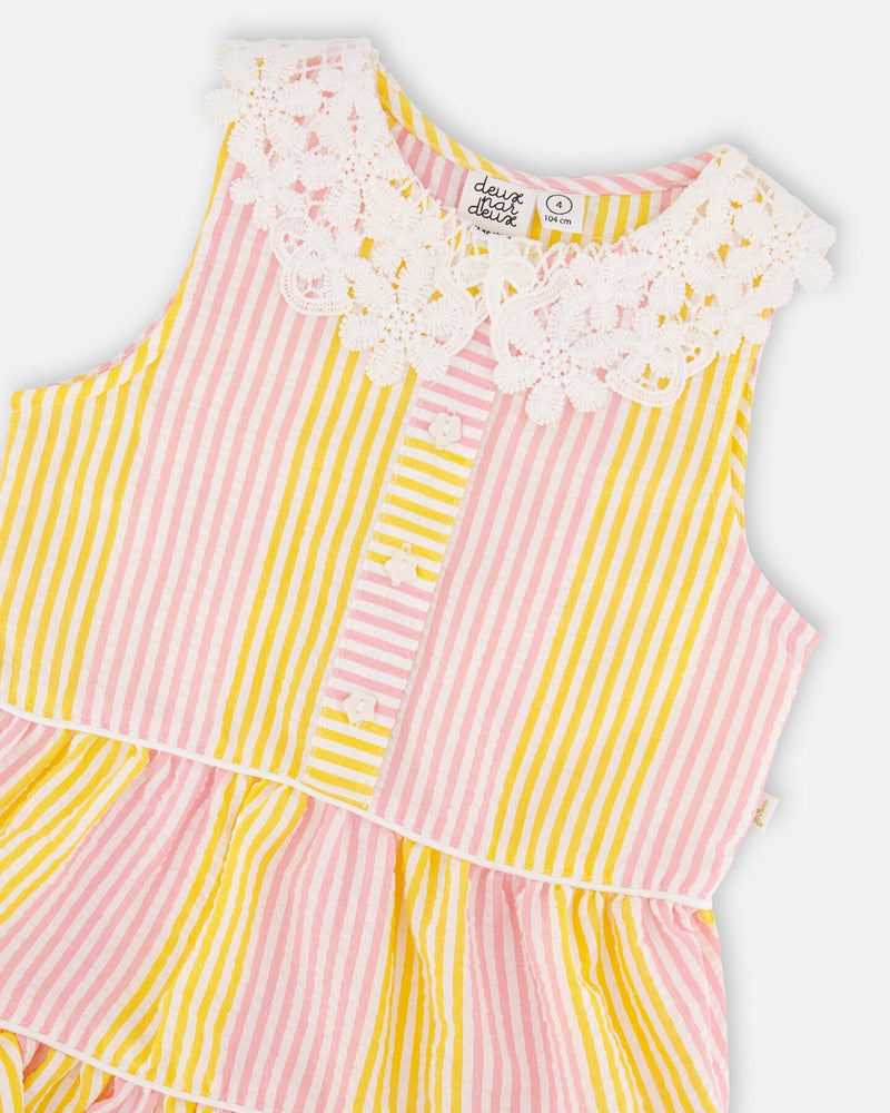 Sleeveless Dress With Crochet Peter Pan Collar Pink And Yellow Stripes