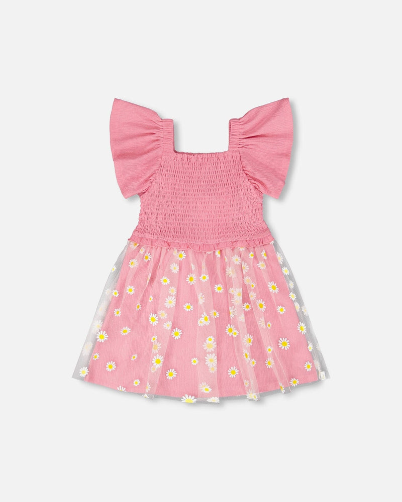 Mesh And Crinkle Jersey Dress With Smocking Pink