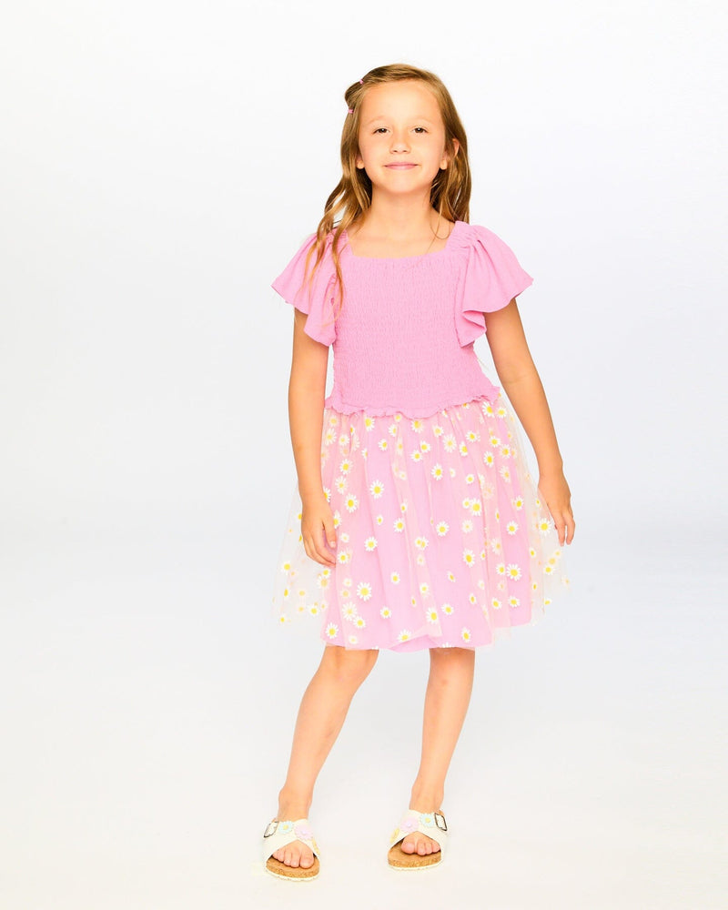 Mesh And Crinkle Jersey Dress With Smocking Pink