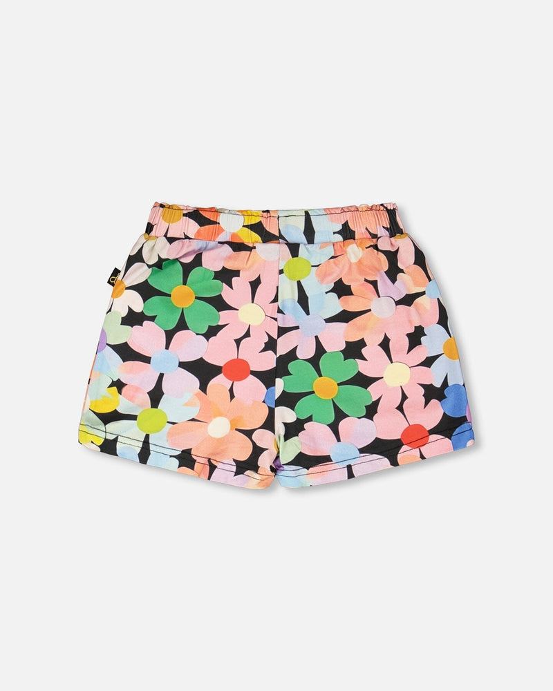 Jersey Shorts Black Printed Flowers