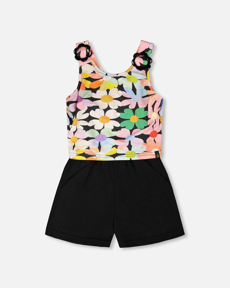 Sleeveless Jersey Jumpsuit Black Printed Flowers