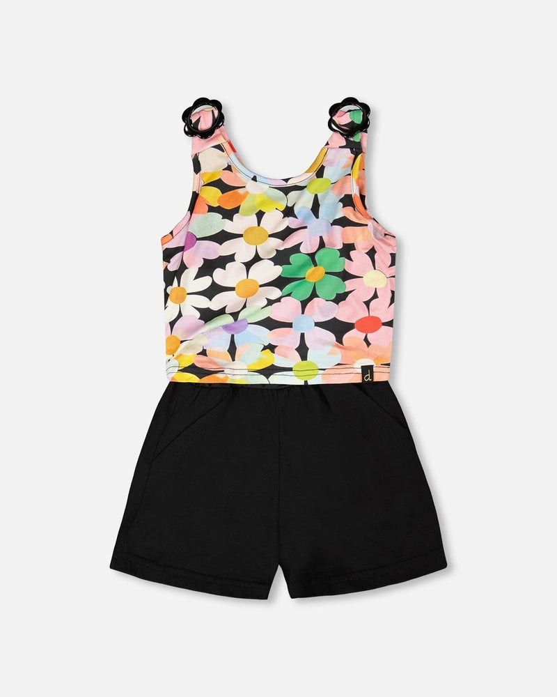 Sleeveless Jersey Jumpsuit Black Printed Flowers