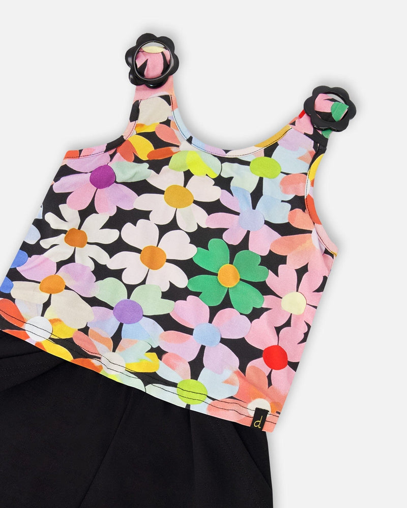 Sleeveless Jersey Jumpsuit Black Printed Flowers