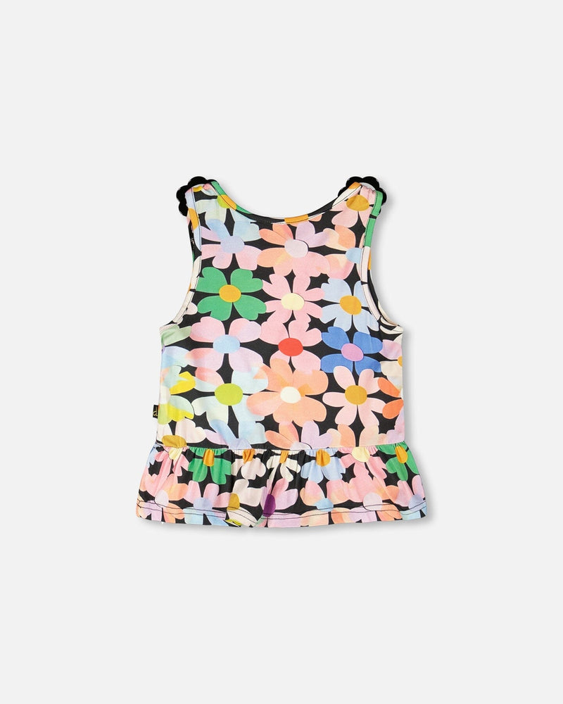 Jersey Tank Top Black Printed Flowers