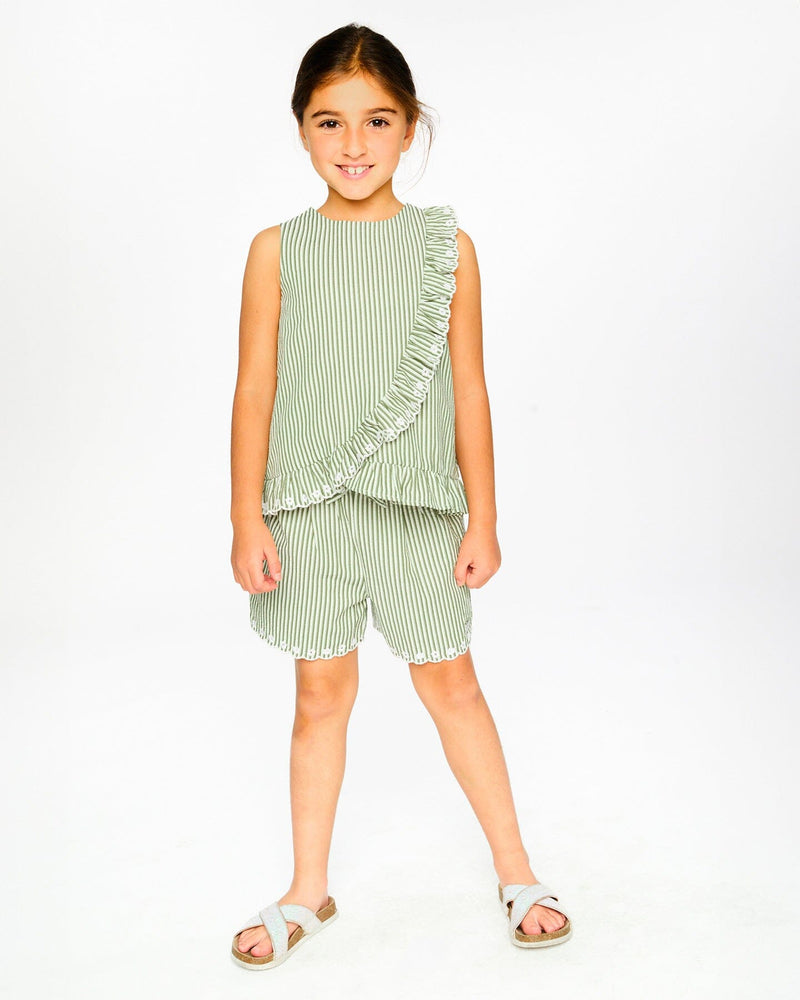 Top Green & Off White Stripes With Embroidered Ruffle
