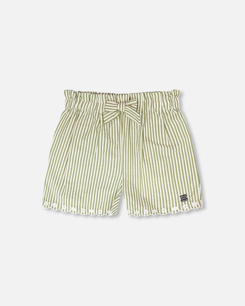 Shorts Green And Off White Stripes With Embroidery