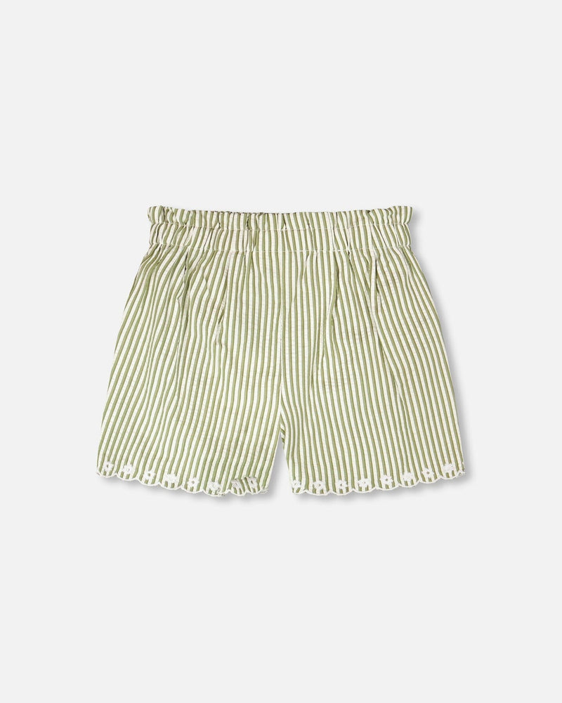 Shorts Green And Off White Stripes With Embroidery