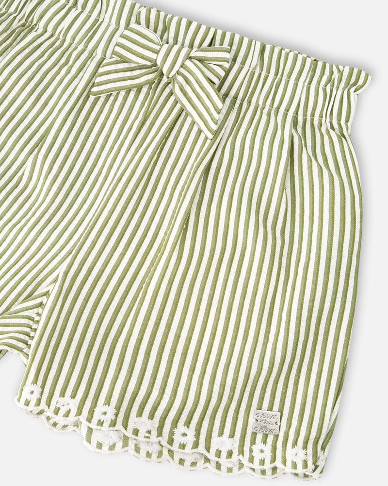 Shorts Green And Off White Stripes With Embroidery