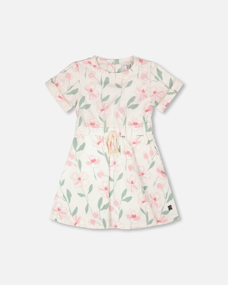 French Terry Dress Off White Printed Flowers