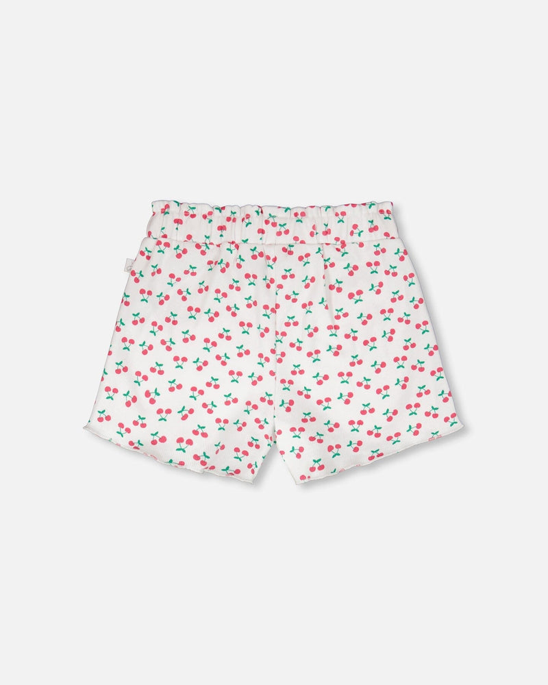 Rib Shorts White Printed Cherries